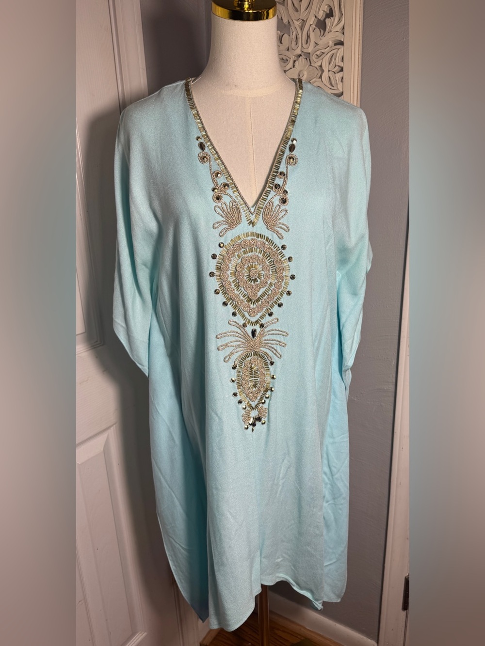 Rare Lilly Pulitzer Chai Caftan Pool Blue Gold Beaded Cover Up S/M